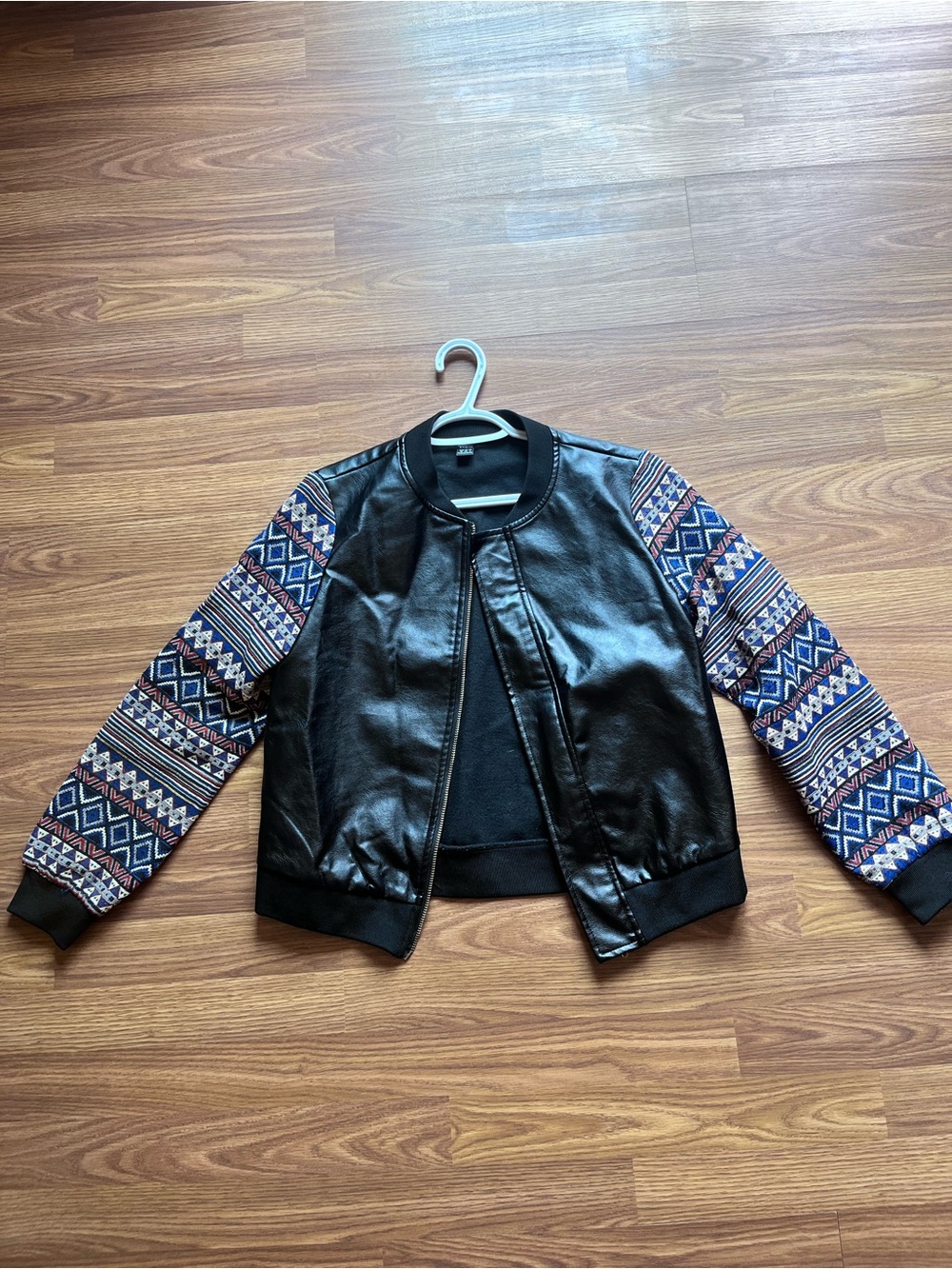 Black Faux Leather Bomber Jacket with Patterned Sleeves
